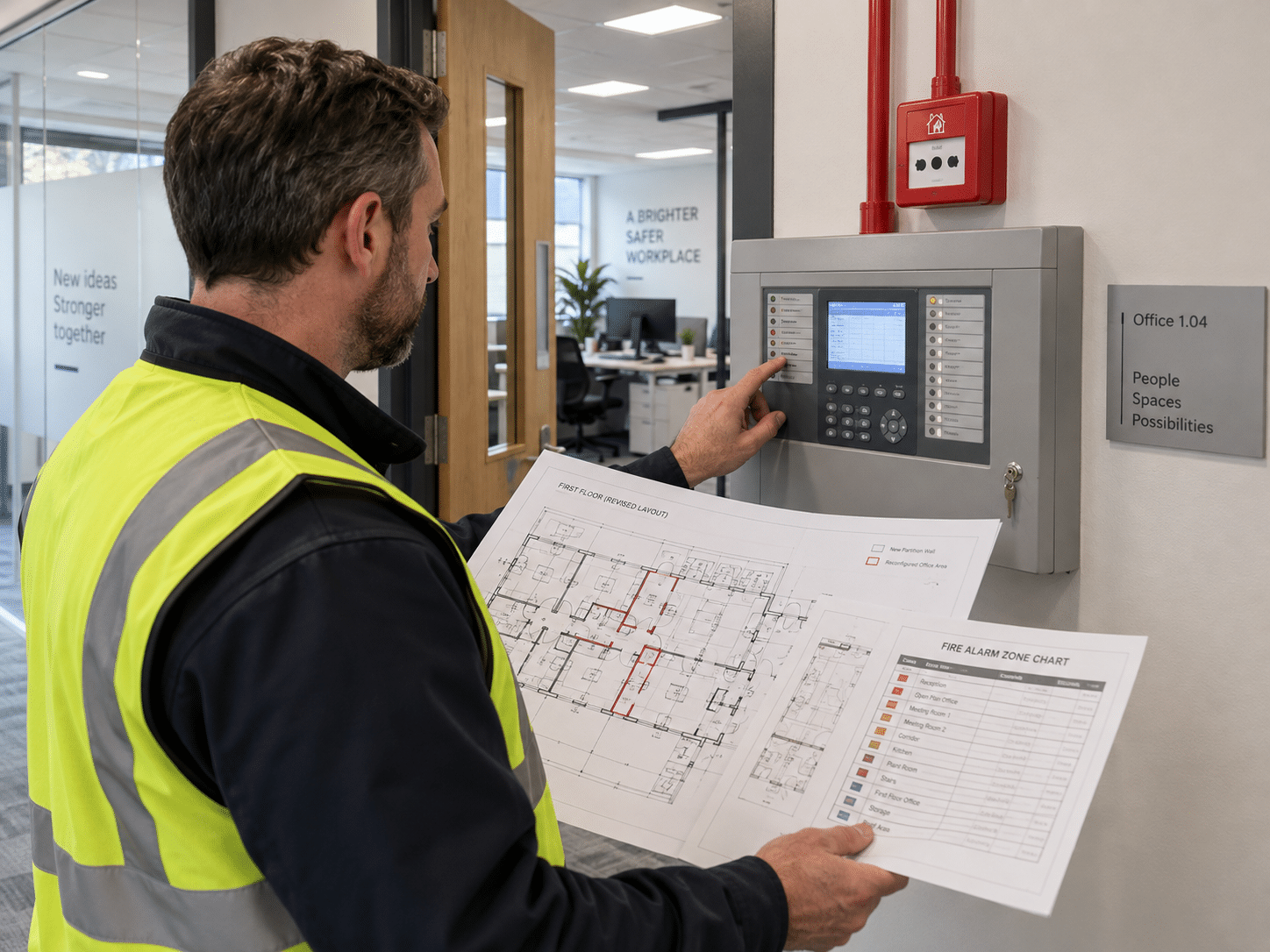 Fire safety engineer reviewing a commercial fire alarm panel during a system survey